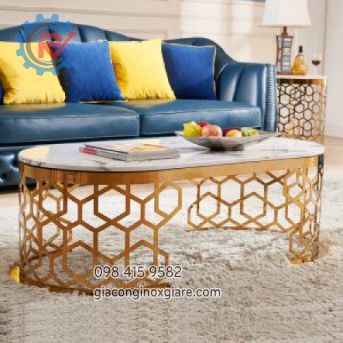 Bàn trà inox cắt khắc CNC mạ PVD vàng kiểu dáng hiện đại 