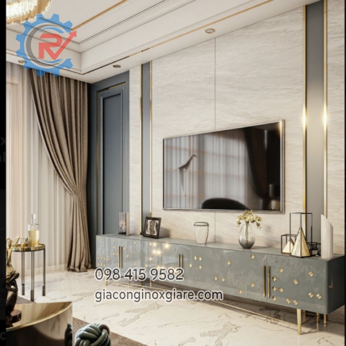 Trang trí phòng khách bằng inox mạ vàng PVD theo yêu cầu thiết kế 