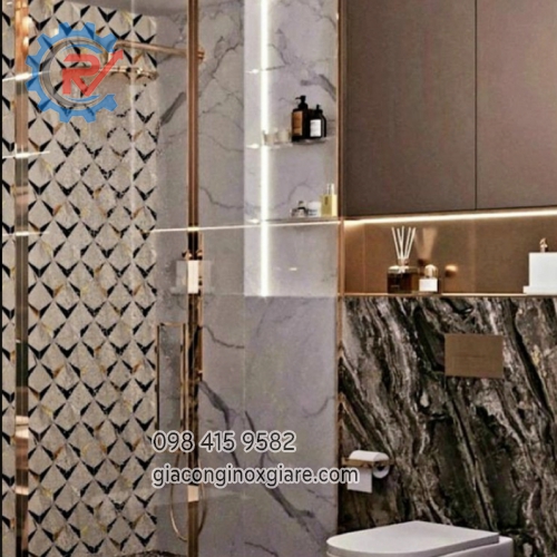 Cửa kính bản lề sàn inox mạ PVD vàng rose  gold phòng tắm 