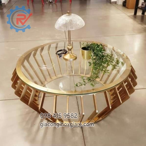 Bàn sofa mặt kính cường lực khung inox mạ vàng PVD 