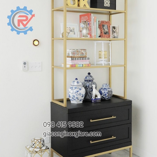 Tủ trưng bày phòng khách bằng inox mạ PVD kết hợp gỗ sơn 2k màu đen sang trọng 