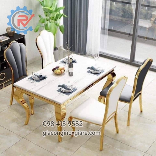Bộ bàn ghế ăn inox mạ PVD màu vàng gold phong cách Tân cổ điển 