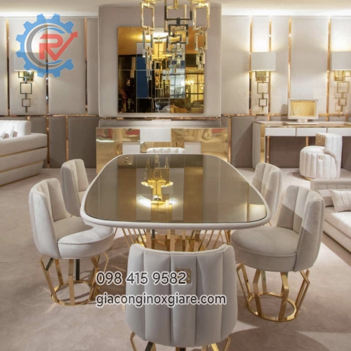 Gia công sản xuất, lắp đặt trang trí phòng ăn bằng inox mạ vàng sang trọng 