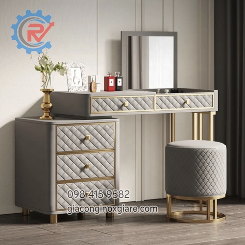 Bàn trang điểm khung inox mạ PVD màu vàng kết hợp ngăn kéo gỗ sơn 2K