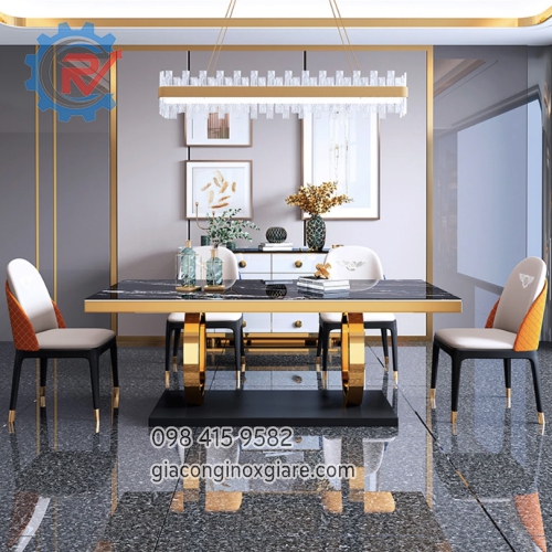 Bàn ăn khung chân chữ O mạ vàng sang trọng 