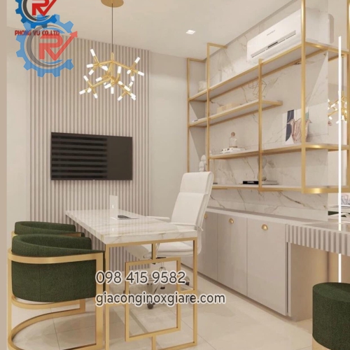Nhận gia công nội thất inox mạ PVD màu vàng phòng làm việc 