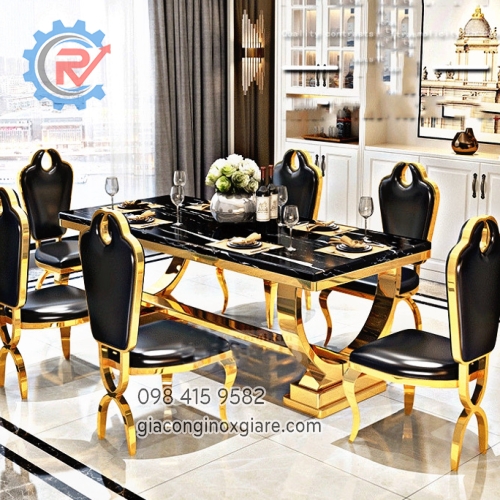 Bộ bàn ghế ăn màu đen kết hợp khung inox mạ vàng sang trọng 