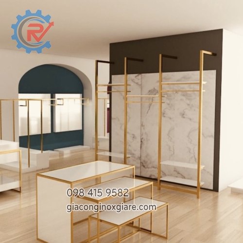 Kệ trưng bày sản phẩm mới , sào treo shop thời trang inox mạ PVD màu vàng gold sang trọng 