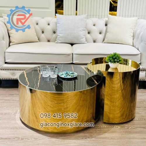 Bàn trà phòng khách inox mạ vàng PVD phong cách hiện đại sang trọng 