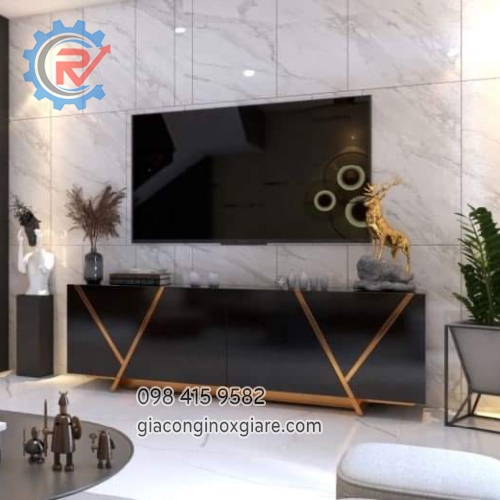 Tủ ti vi phòng khách khung inox mạ vàng kết hợp tủ gỗ sơn 2k sang trọng 