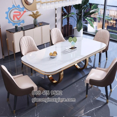 Bộ bàn ghế ăn phong cách hiện đại khung inox mạ vàng PVD 