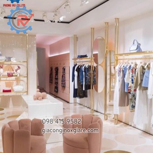 Gia công, thi công lắp đặt sào treo, tủ kệ trưng bày shop bằng inox mạ PVD vàng theo yêu cầu 