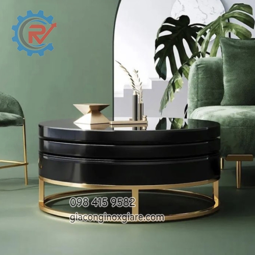 Bàn trà inox mạ PVD màu vàng kết hợp hộc tủ gỗ sơn 2k màu đen 