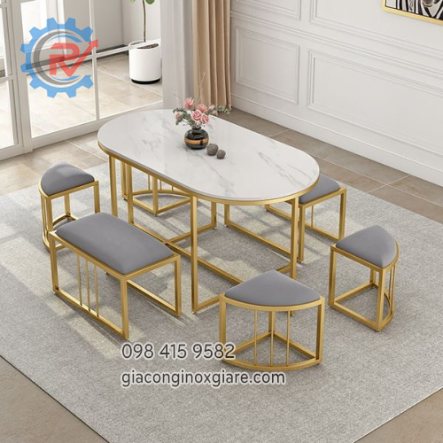 Bộ bàn ghế ăn inox mạ vàng hiện đại đơn giản.