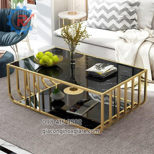Bàn Sofa chữ nhật khung inox mạ vàng 