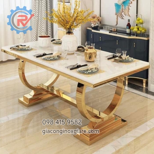 Bàn ăn mặt đá Cẩm thạch khung inox mạ vàng sang trọng 