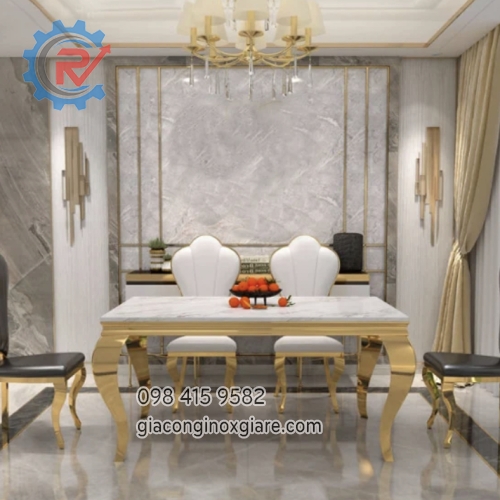 Bàn ăn cao cấp inox mạ vàng sang trọng 