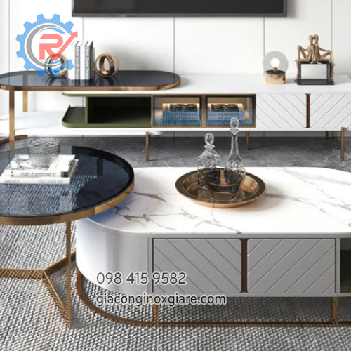 Bộ bàn trà, tủ tivi phòng khách mạ vàng Titan kết hợp gỗ sơn 2K sang trọng 