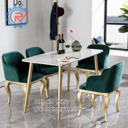Bộ bàn ghế ăn cao cấp khung inox mạ vàng