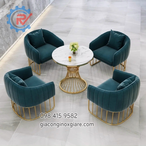 Bộ bàn ghế cà phê inox mạ vàng bọc nệm nhung xanh đẳng cấp sang trọng