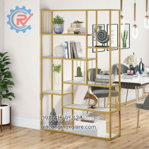 Kệ vách trang trí phòng khách cao cấp inox mạ PVD vàng gold