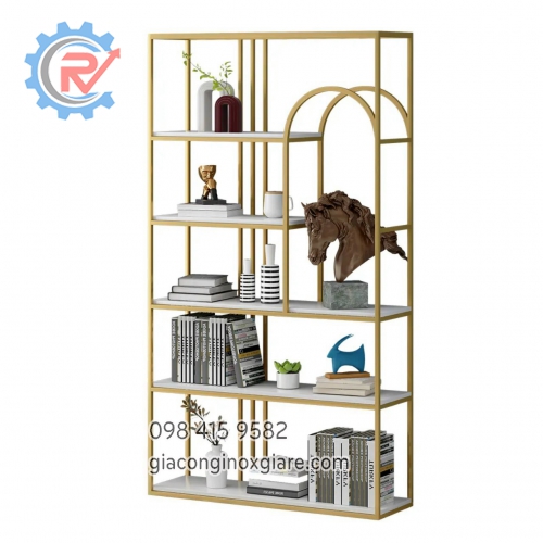 Kệ sách phòng khách hiện đại bằng inox mạ PVD màu vàng sang trọng