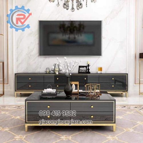 Bộ bàn, tủ tivi phòng khách mạ vàng PVD kết hợp gỗ sơn đen 2K sang trọng