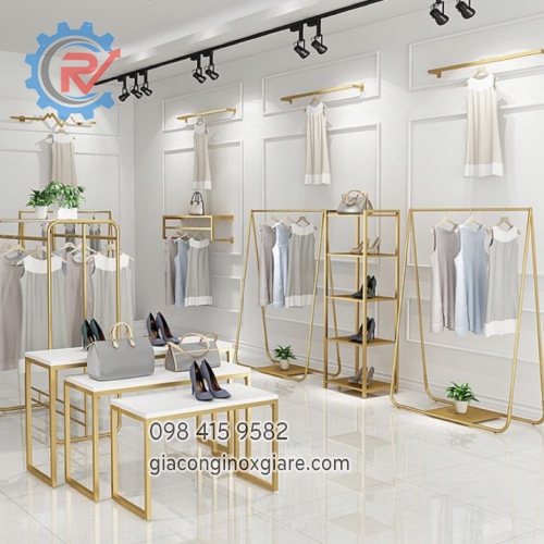 sào treo, kệ trưng bày shop thời trang mạ vàng